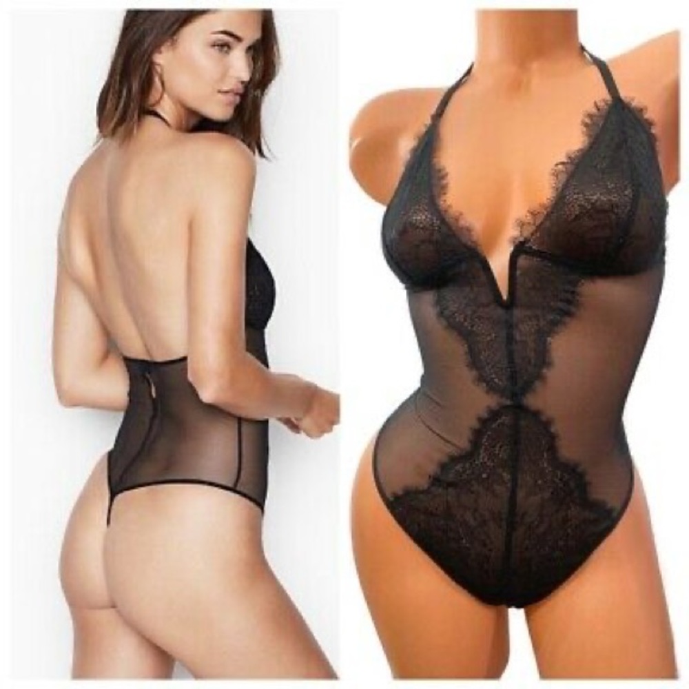 Sheer Lace Bodysuit V-string Thong Lingerie